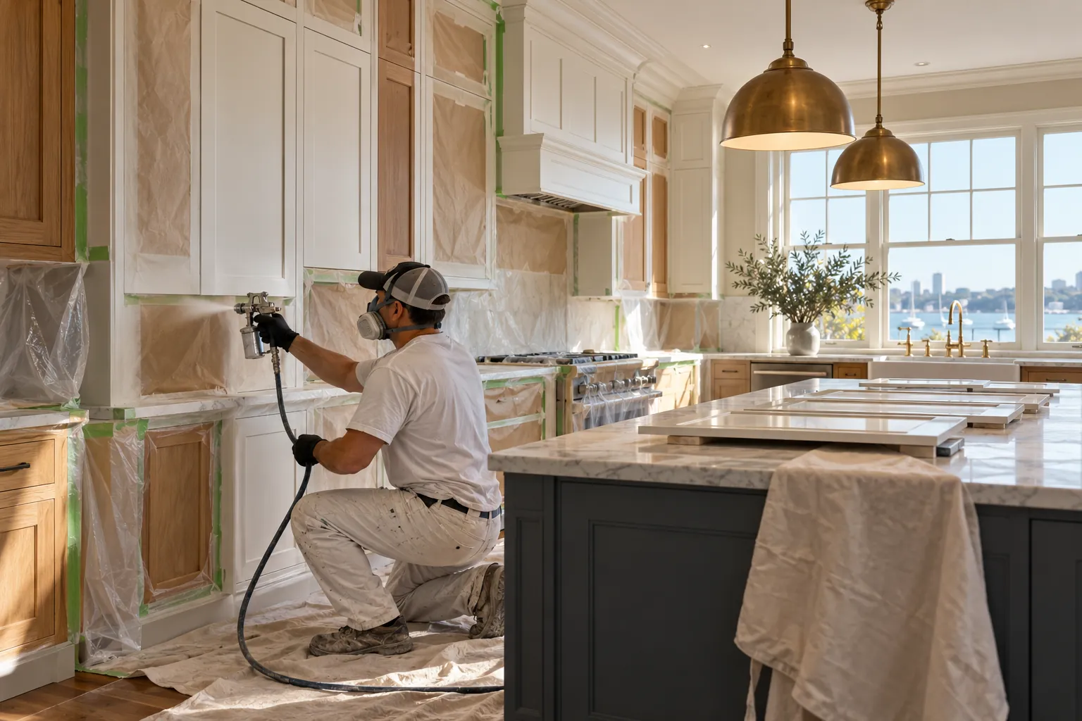 Illustrative image of careful cabinet spray painting in a protected kitchen